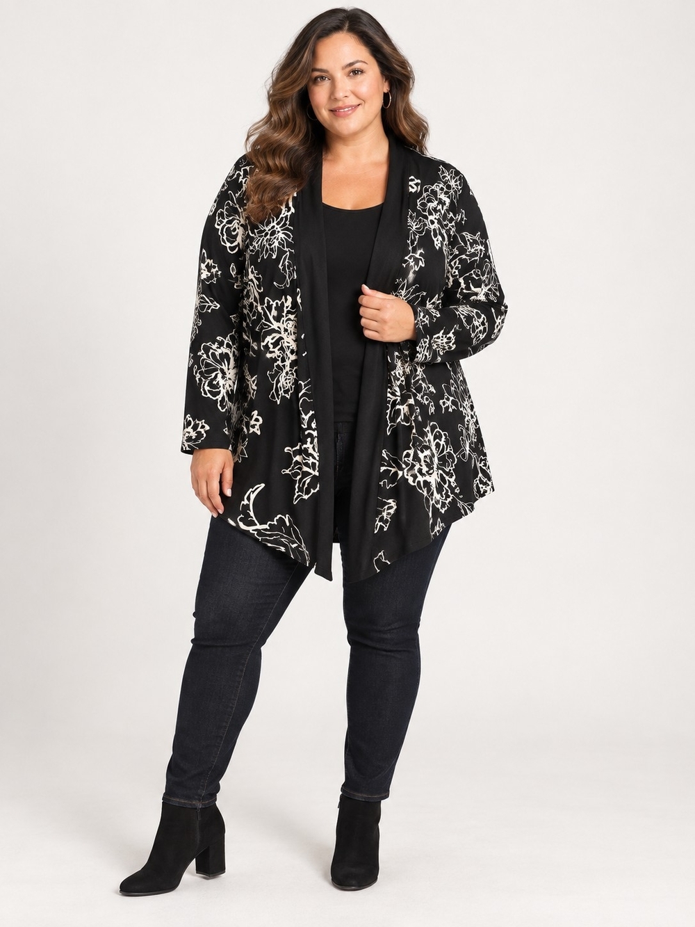 Chico's Black Cardigan with White Floral Print